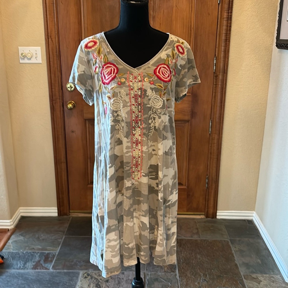 Beautiful handmade camo print dress by Caite with incredible embroidery. Sz:S